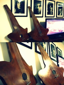 wooden guitar-like deco pair