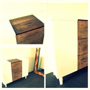 buffet console cabinet in brown and white, middle cabinet top part and 3 drawers are old wood from old house, re-used.