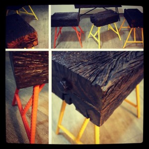 accent stool with recycled reused wood & rebars