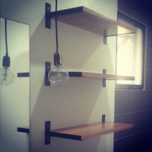 Clean look, wood and metal, bathroom shelving
