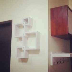 White, boxy, wood, shelves