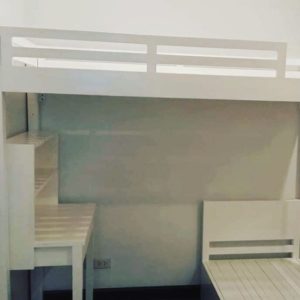 White bunk bed with study table and daybed sofa