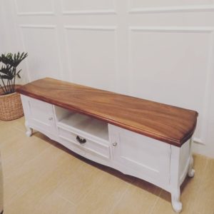 Elegant TV Cabinet with white painted body and acacia wood top